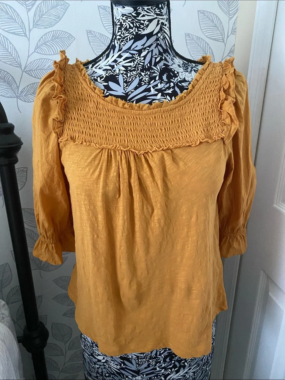 Anthropologie Mustard Smocked Ruffle Peasant Top Size S